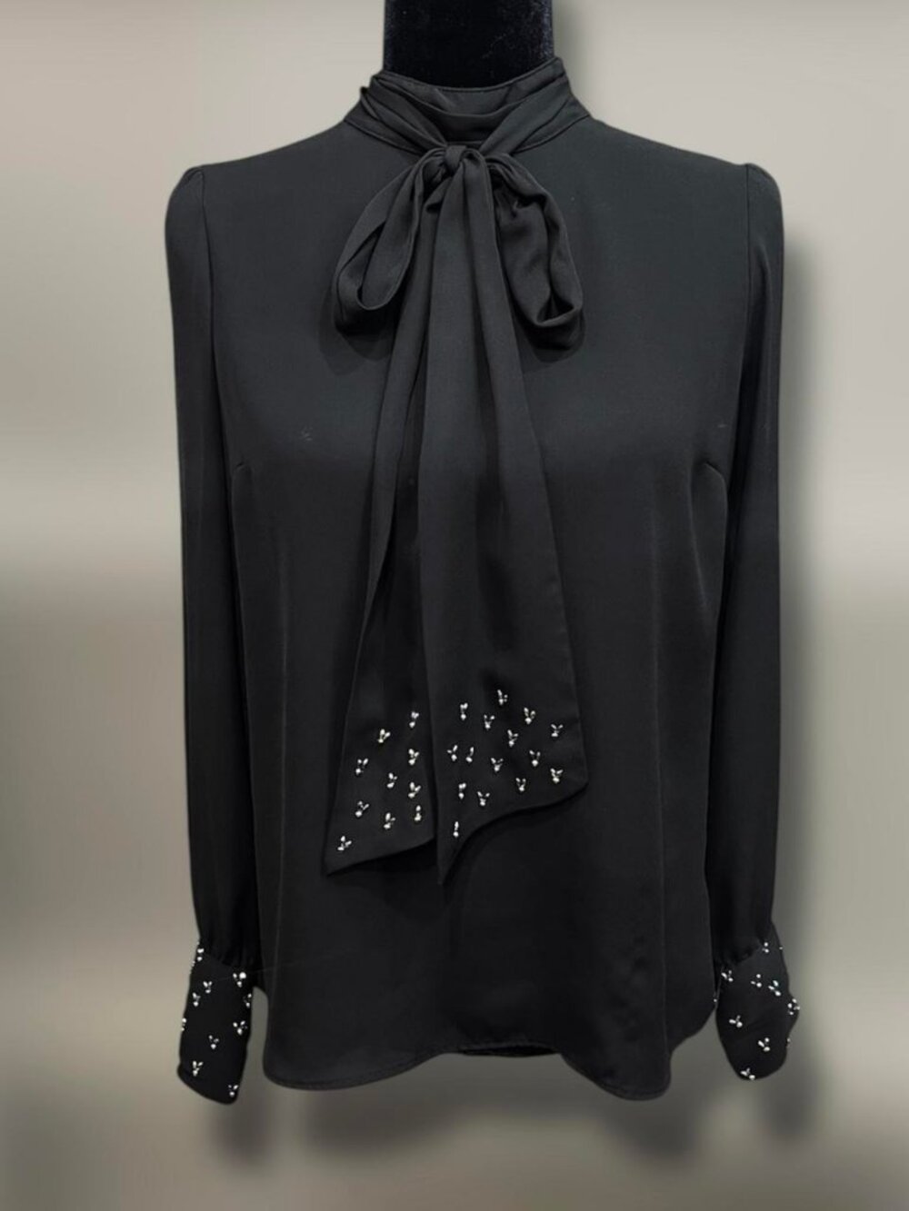 Upcycled Forever 21 Black Chiffon Beaded Tie Neck Long Sleeve Blouse Small